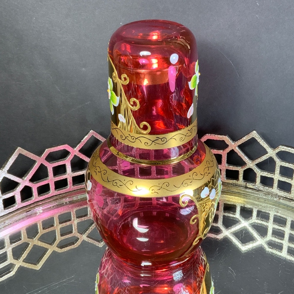 Czech Cranberry Tumble Up Bohemia Gold Guilt Applied Flowers Water Set #N1 - Picture 3 of 9